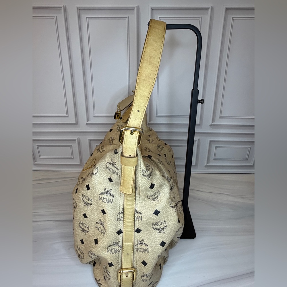 MCM Light Beige Visetos Leather Monogram Hobo Shoulder Bag | Lock & Key Included - Picture 5 of 12